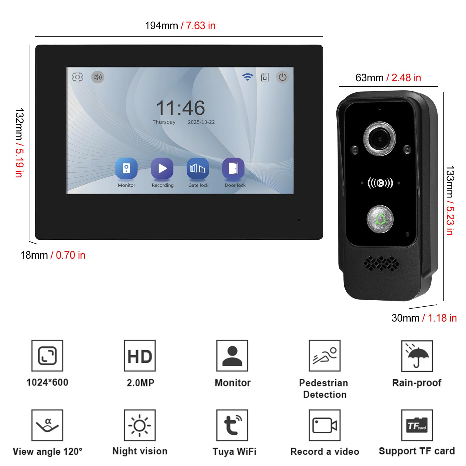 Tuya WiFi Sistema de Videoportero Inteligente de 2 Cables 1080P | Cámara HD,Desbloqueo RFID, Impermeabilidad IP65, Detección de Movimiento,Visión Nocturna por IR
