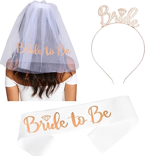 Bolonar Bride to Be Set - Diadema de novia para ser velo y banda de novia de oro rosa, decoraciones de despedida de soltera, regalos de despedida de