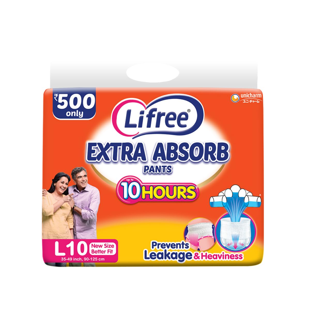 Extra Absorb Pants | Adult Diaper|Use Upto 10 Hours| 5-Glass Absorption |Prevents Leakage| Prevents Heaviness| Size L (35-49 inches / 90-125 cms) | Count 10