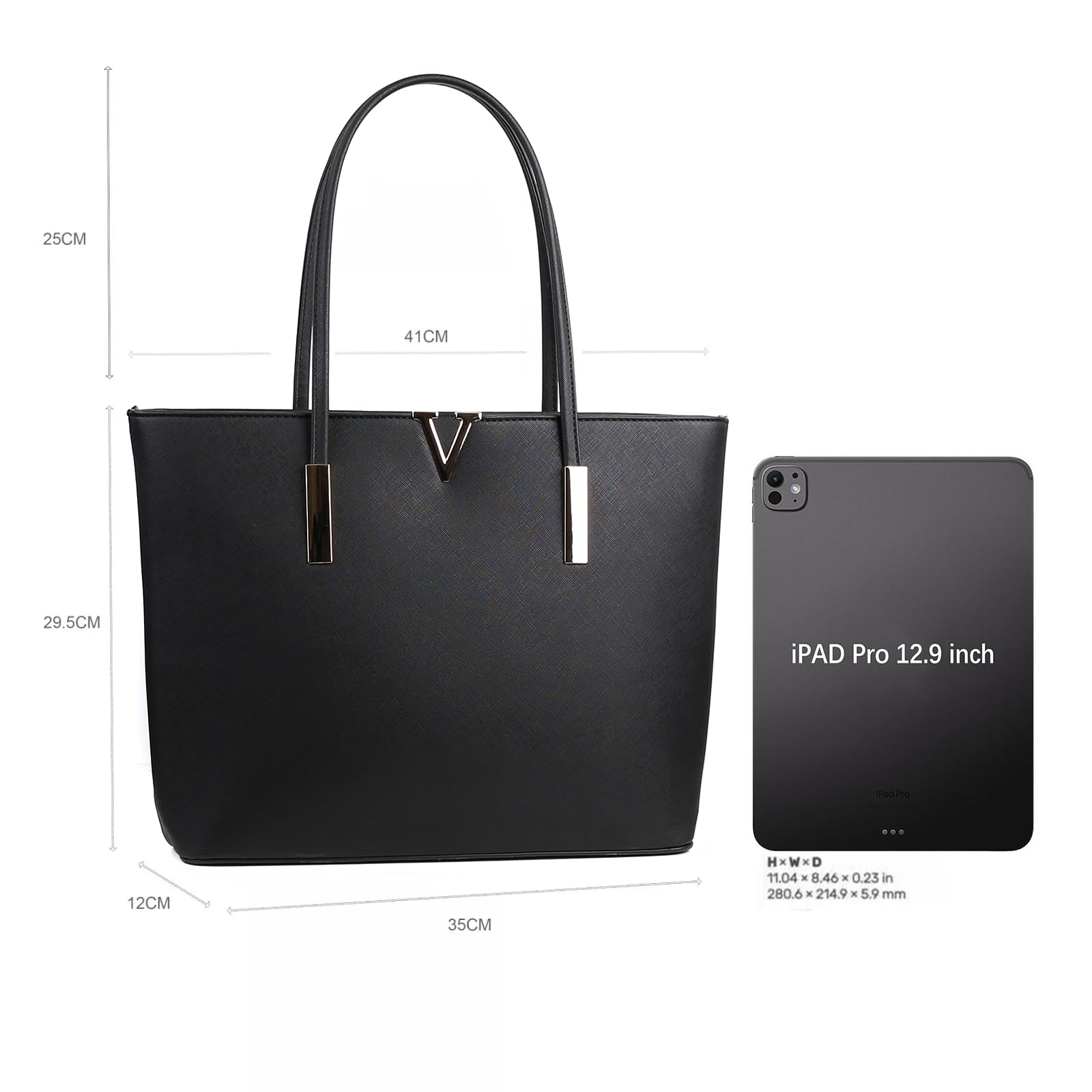 Black Tote Bag For Women with Top Handle, Zipper Closure Handbags for School Work or Travel, Shoulder Handbag for 15.6 Inch Laptop