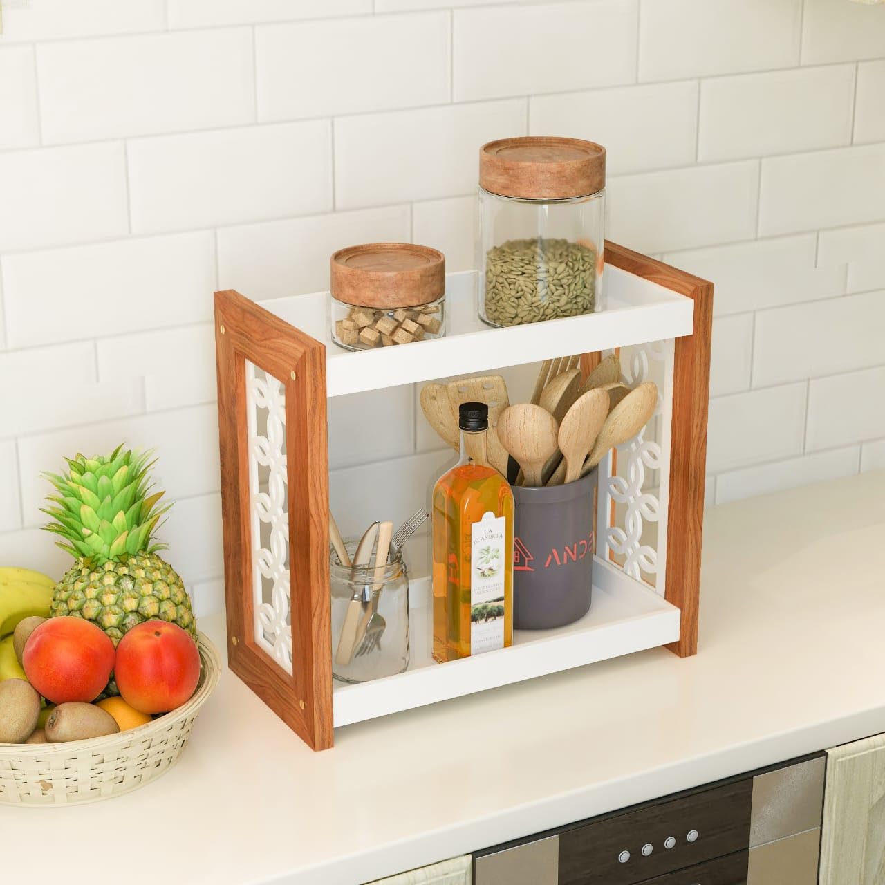 AnDecy Multipurpose Wooden Spice Rack | Kitchen Counter Top Organizer | 2-Tier Kitchen Storage Organizer Shelves | Jars and Bottle Holder & Kithen Decor Item (B0CYM8P8D2) Amazon Price History, Amazon Price Tracker