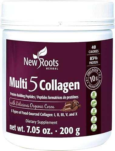 New Roots Multi 5 - Suplemento en polvo de colágeno de coco (tipos I, II, III, V y X) Colágeno hidrolizado, sin lácteos ni gluten, 0.42 onzas por