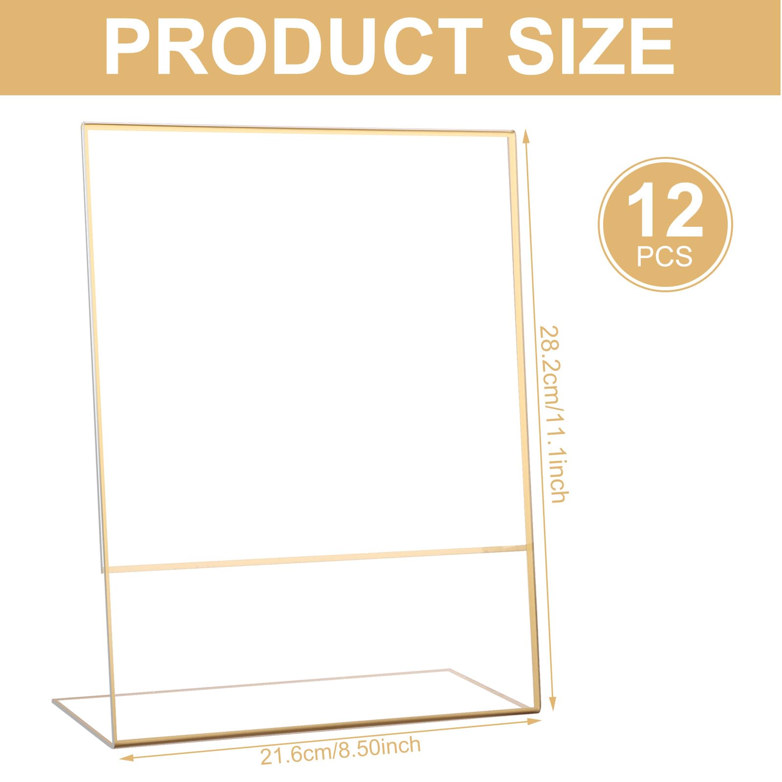 DAJAVE Paquete de 12 soportes acrílicos para menús de 8.5 x 11 pulgadas, soportes dorados para letreros de mesa, soporte de menú pequeño para bodas, carteles de restaurante