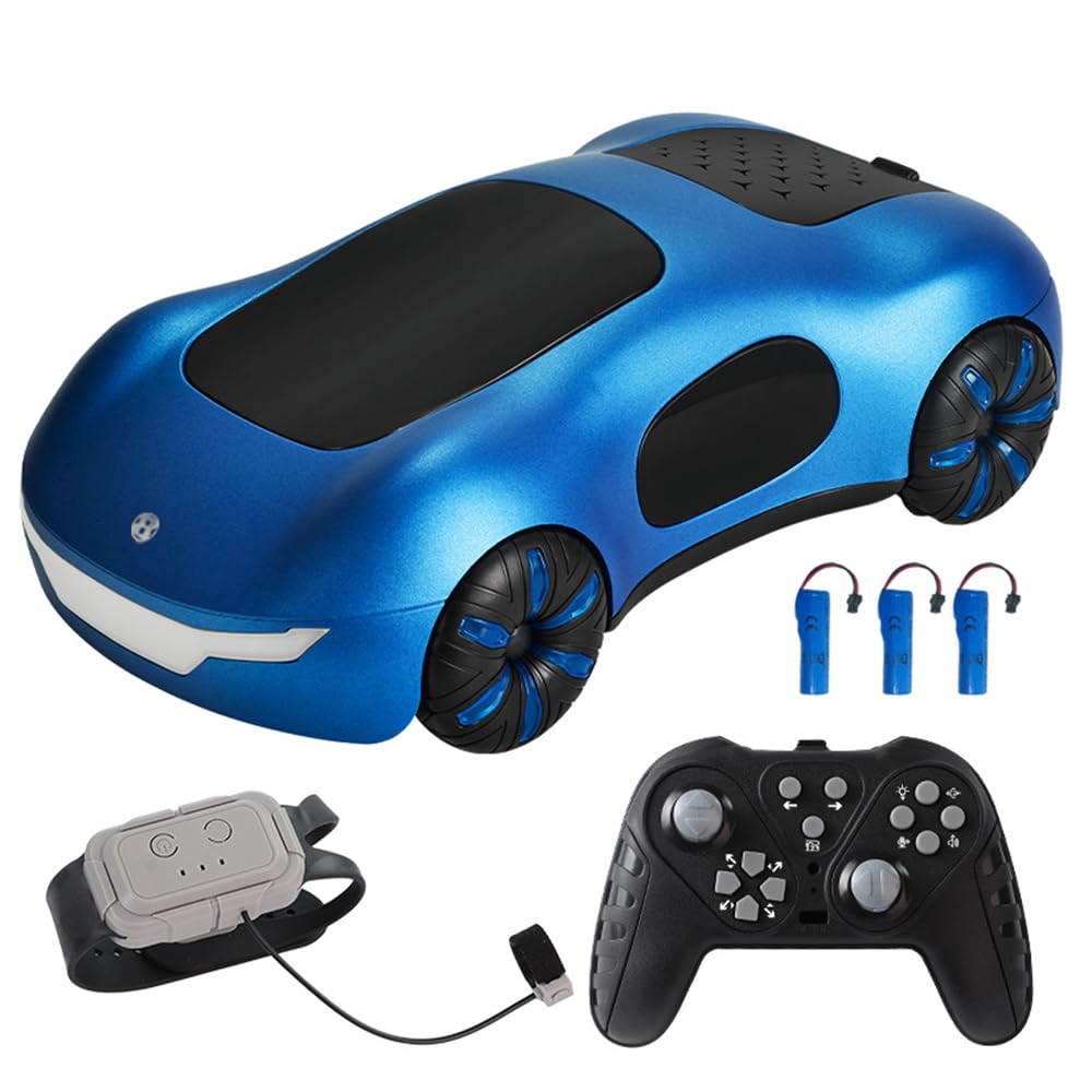 Remote Control Cars, 2.4GHz 4WD Sci-fi RC Drift Car with Dual Controller, Spray Music & LED Light, 360° Spin Drift Gesture Sensing Hand Controlled Car Gifts for Kids Boys Girls Blue