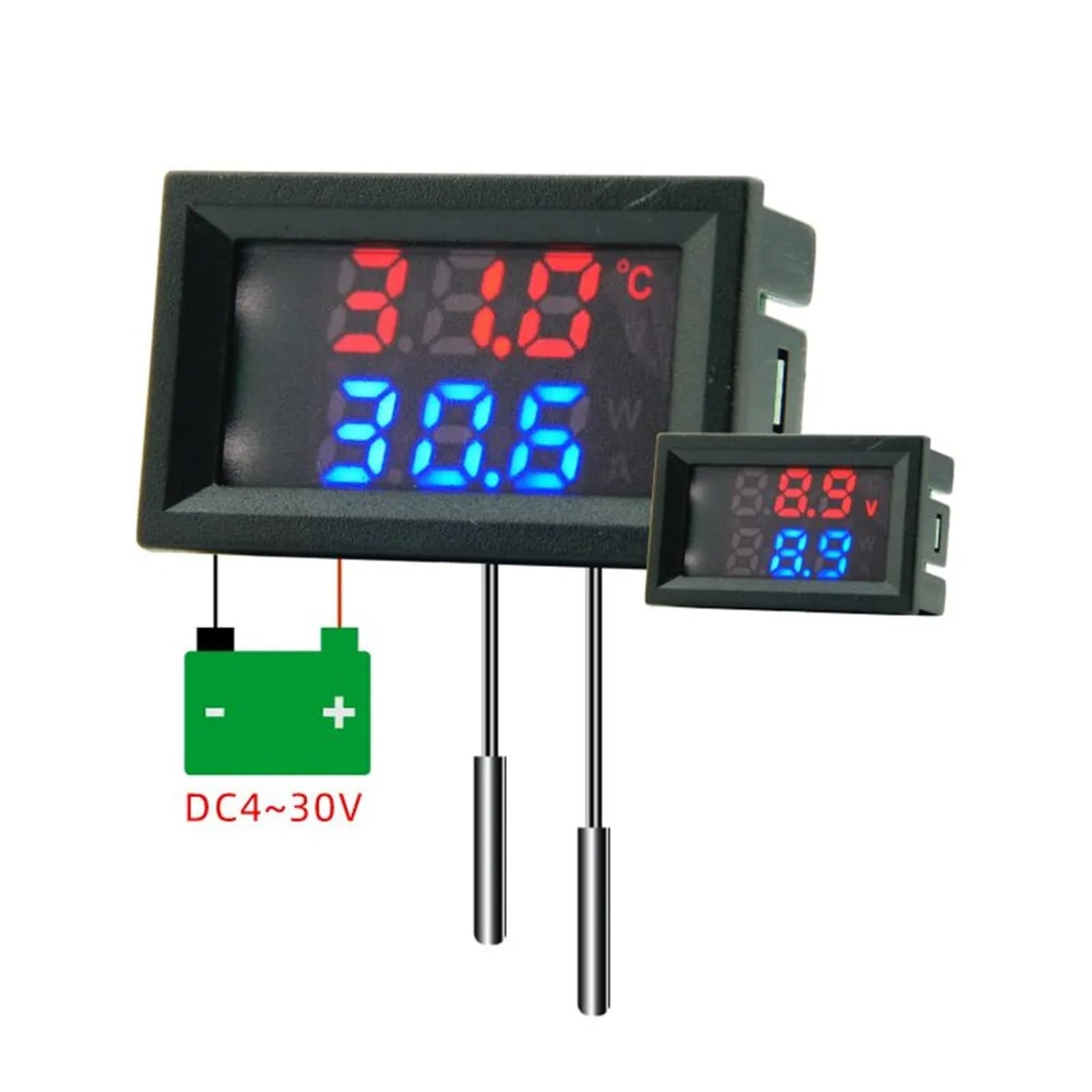 1 szt. 4 V-30 V Mini LED Dual Display Digital Czujnik temperatury W/NTC wodoszczelna metalowa sonda tester temperatury do wnętrz (niebiesko-zielony pierścień)