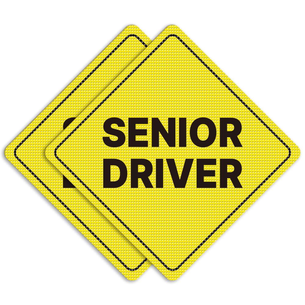 GEEKBEAR Cartello per auto con scritta "Senior Driver", adesivo o magnete e opzioni di colore, resistente alle intemperie, a forma di diamante, 12,7 x 12,7 cm (adesivo trasparente, giallo, 2 pezzi)