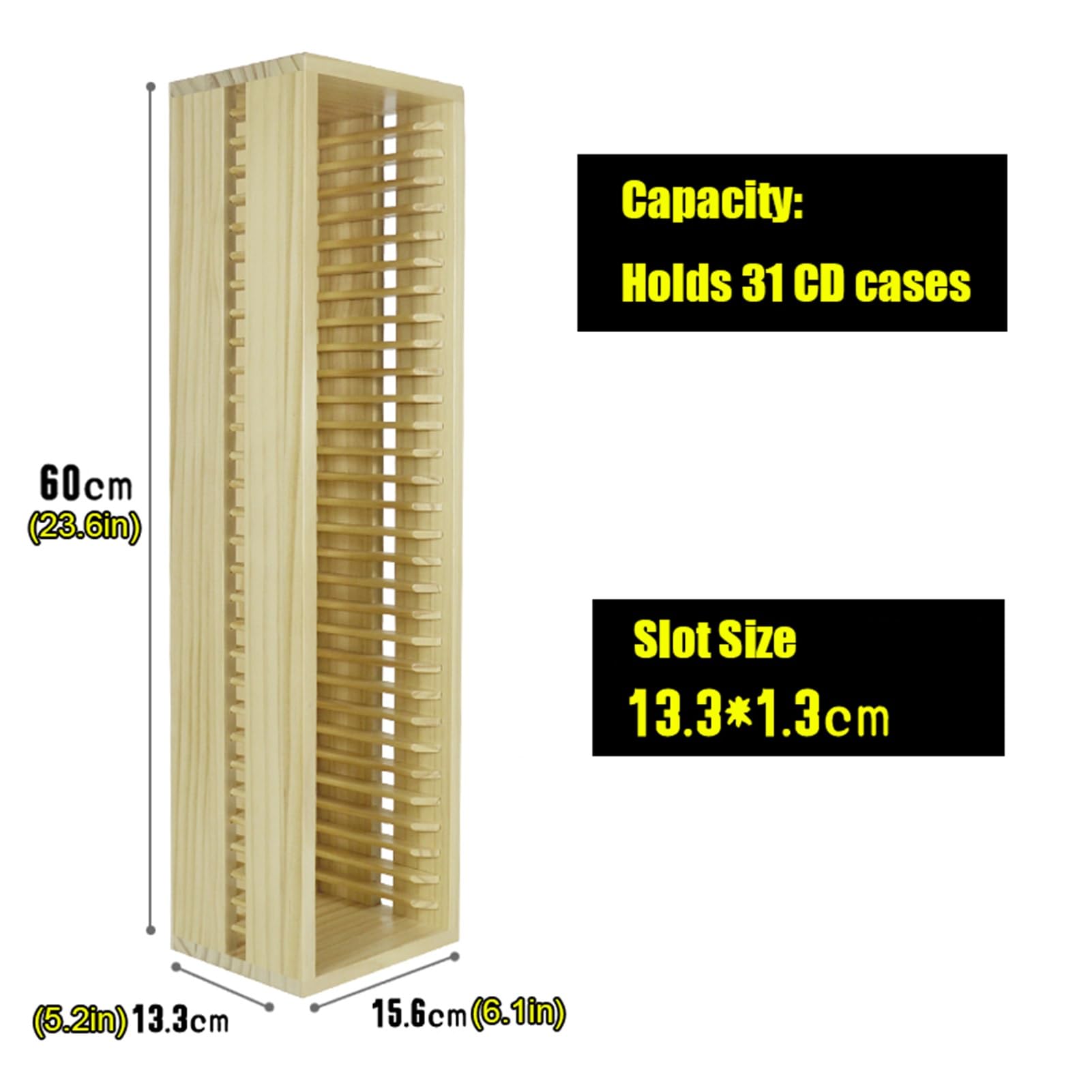 CD Holder Rack, Natural Pine Wood CD Cases Storage Box Organizer DVD Display Shelf for Movie Cases, DVDs, Cassette Tape, Holds up to 31 CD Cases