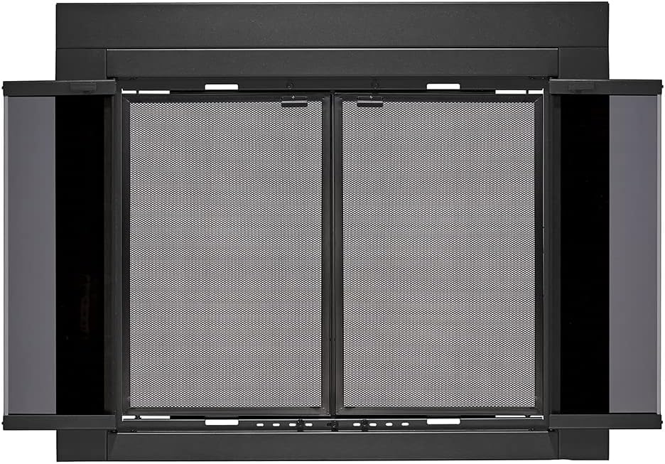 UniFlame - Roman - Bi-fold Style Fireplace Doors with Smoke Tempered Glass (Color: Black, Size: Large - Fits Opening 36in to 43in W x 25.5in to 32.5in H)