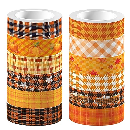 12 Pcs Thanksgiving Washi Tape Fall Maple Leaf Masking Tape Pumpkin Pattern Decorative Paper Sticker for Fall Party Holiday Scrapbook DIY Craft Gift Wrapping Handbook Sticker