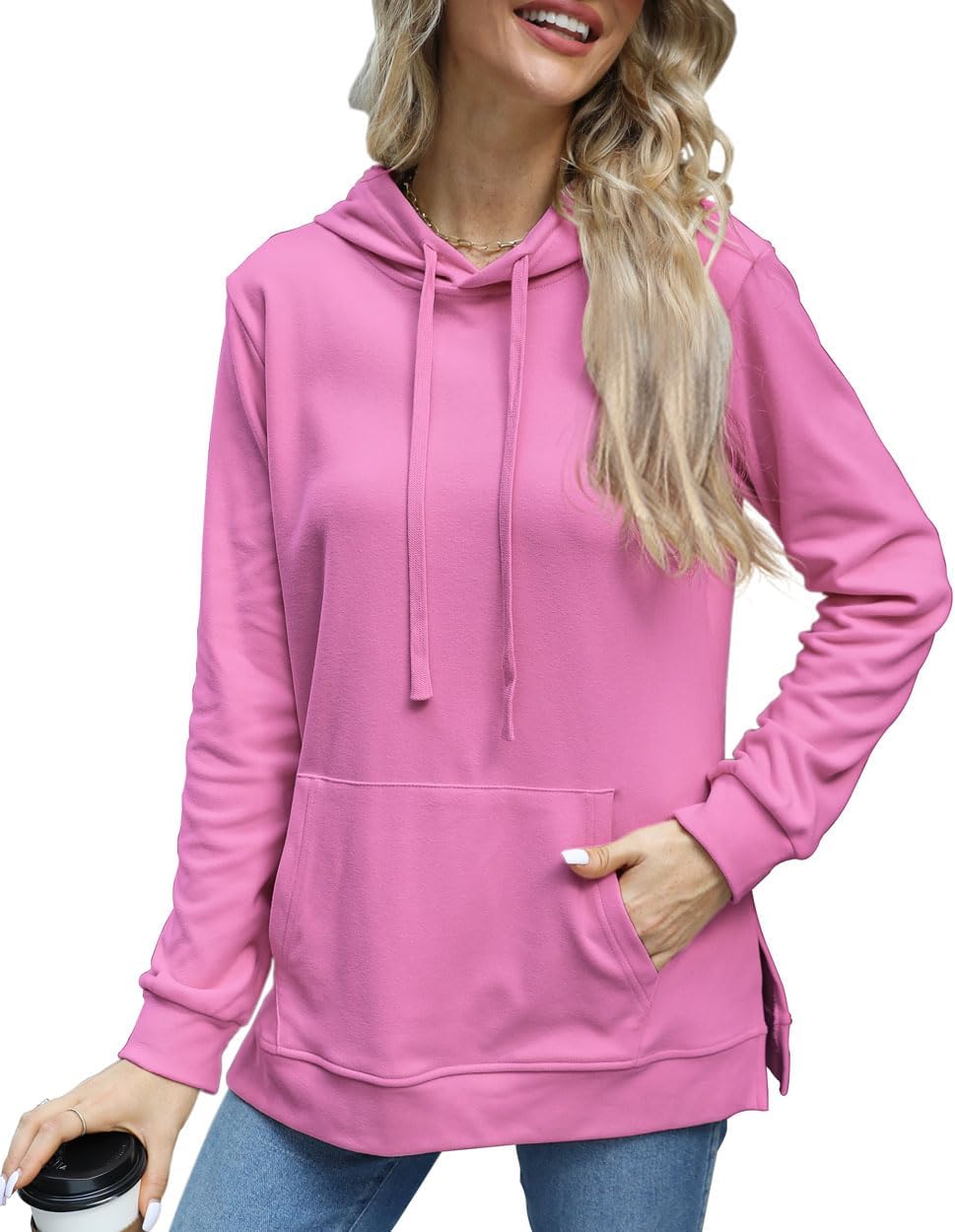 Beimuc Hoodies for Women Fashion Split Hem Drawstring Casual Long Sleeve Sweatshirts Tops with Pockets - Image 2