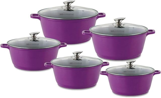 5 Piece Durable Diecast Non-Stick Coated Casserole, Stock Pot Set Suitable For Most Hobs including Induction Hob (Purple)