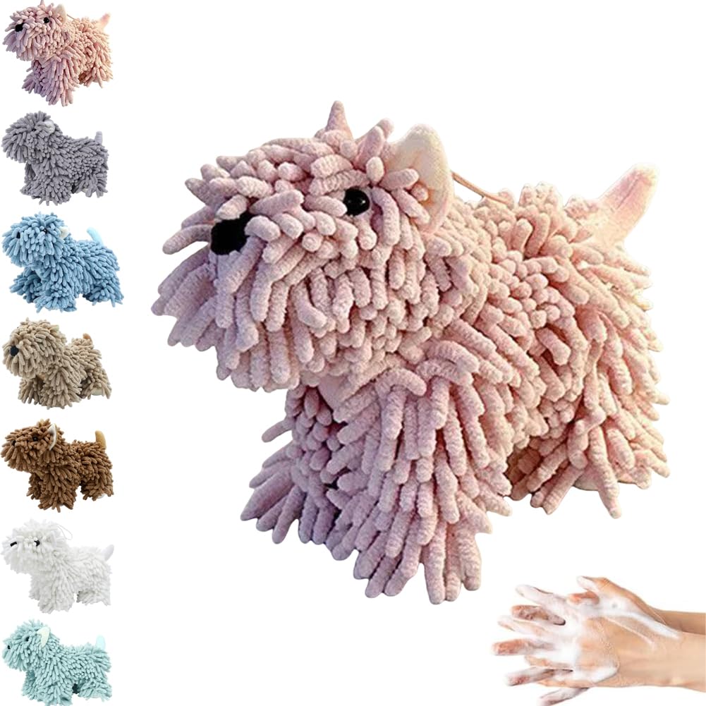 Aodejoy Chenille Hand Towel, Dog Chenille Plush Towel Balls, Soft Absorbent Microfiber Hand Towels, Cute Cartoon Fluffy Cleaning Cloth for Bathroom Kitchen Sink Countertop, Gift for Dog Lovers (Pink)