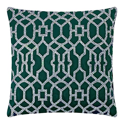 Lattice Pillow, Sparkling Rhinestones on Soft Velvet, Feather Insert, Washable Cover, Unique, Statement Home Decor, Emerald, 16x16, Sold Individually