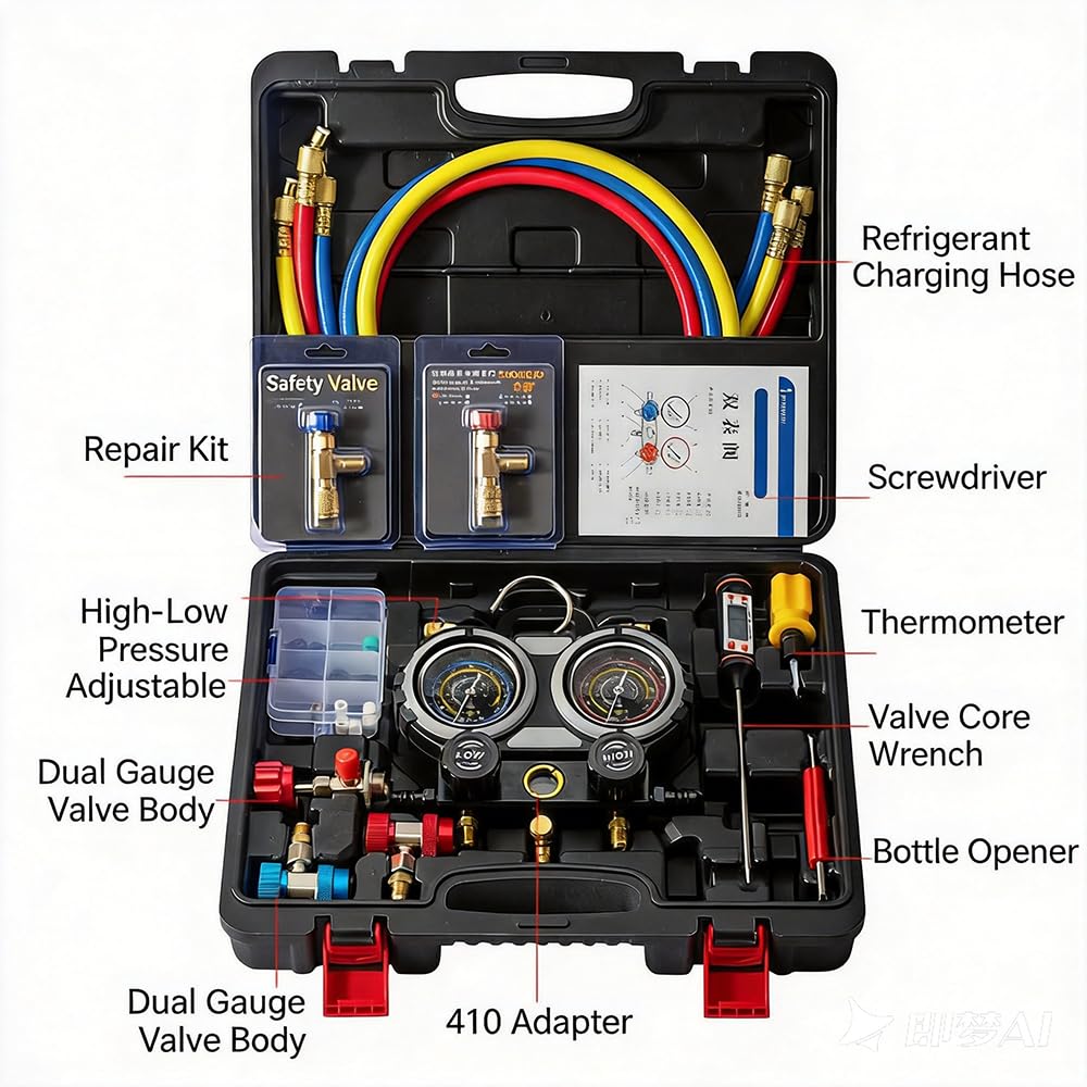 HEYOUTH Set Manometri Condizionatori 3Vie, Kit Ricarica Aria Condizionata Auto,con 3 * 1.5mKit Tubo e Gancio per Gas Refrigerante | Attrezzo per Officine e Riparazioni Auto, Furgoni, Clima Auto