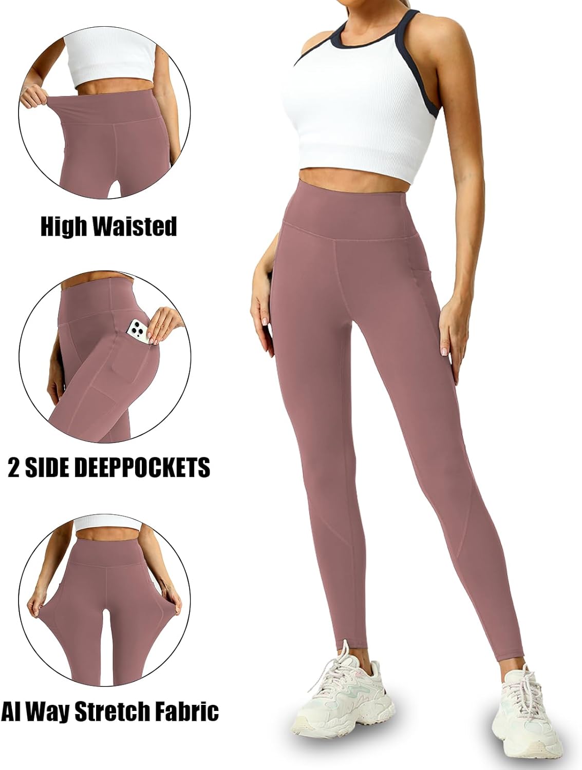 4 Pack Leggings with Pockets for Women - Soft High Waisted Tummy Control Workout Yoga Pants - Image 4