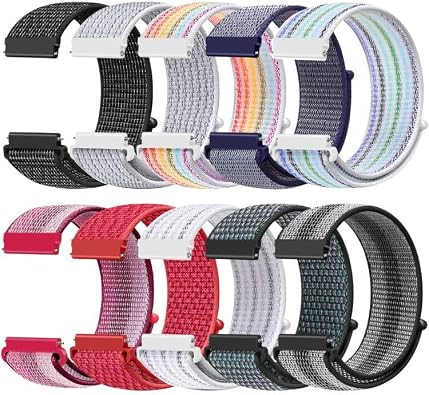 Tiptops 10 Pack Nylon Bands Compatible with Samsung Galaxy Watch 6 5 4 /Watch 3 41mm/Active 2/Garmin Vivoactive 5/Vivoactive 3 Amzfit Bip 3 Pro/Bip 3/Ticwatch 2 / E / C2, 20mm Watch Straps