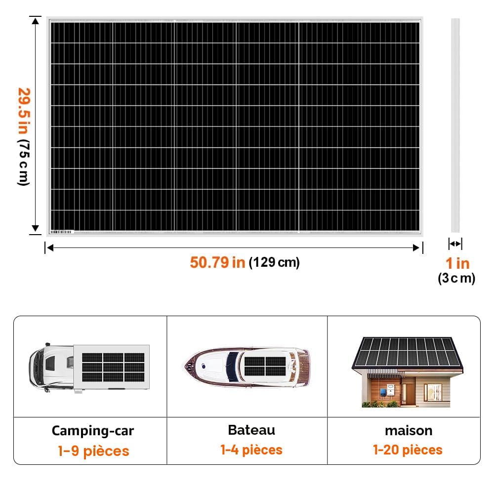 DOKIO Panneau solaire monocristallin 200W 18V pour batteries 12V | Idéal pour camping-car, camping, abri de jardin