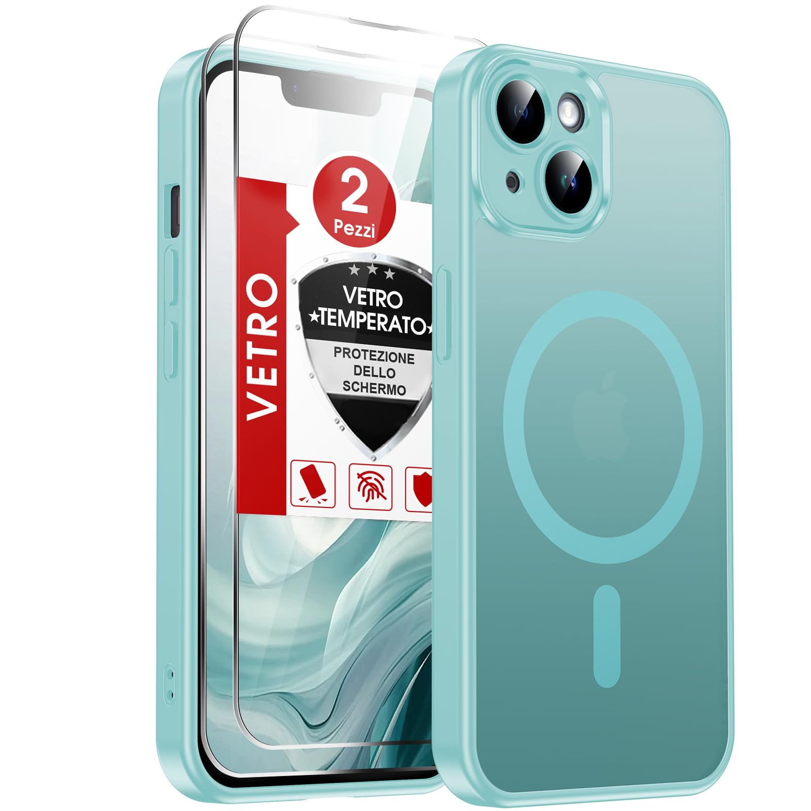 LeYi Cover Magnetica per iPhone 14 con 2 Vetro Temperato(Verde chiaro) | Custodia per iPhone 14 Traslucida Opaca Anti-Impronte Resistente ai Graffi Paraurti in TPU Antiurto Protettiva Case 6,1''
