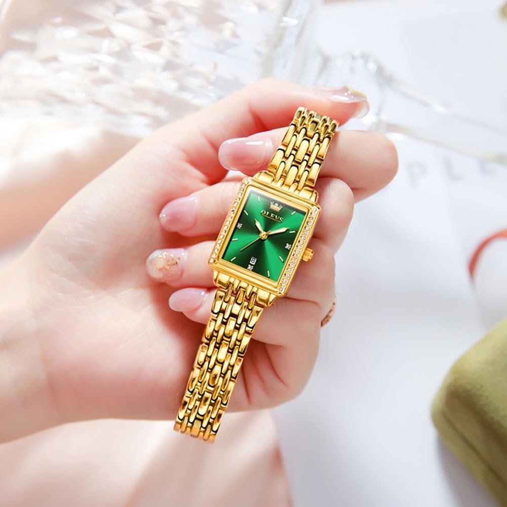 OLEVS Gold Watches for Women Square Luxury Business Rectangle Ladies Watches for Woman with Date Water Resistant Ladies Watch for Small Wrists Reloj para Mujer Diamond Blue/Green/Black/White/Gold - Image 7