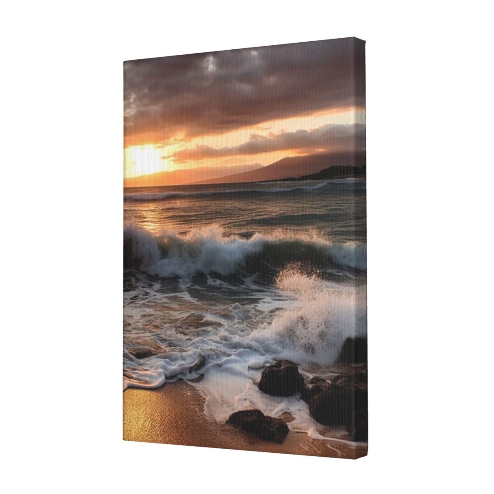 FodPand Beach Sunset Sea Waves Canvas Wall Art for Living Room Wall Decor 12"x18" Modern Artwork Painting Pictures Hanging Canvas Prints Aesthetic Wall Art for Bedroom Bathroom Office Wallart Decor
