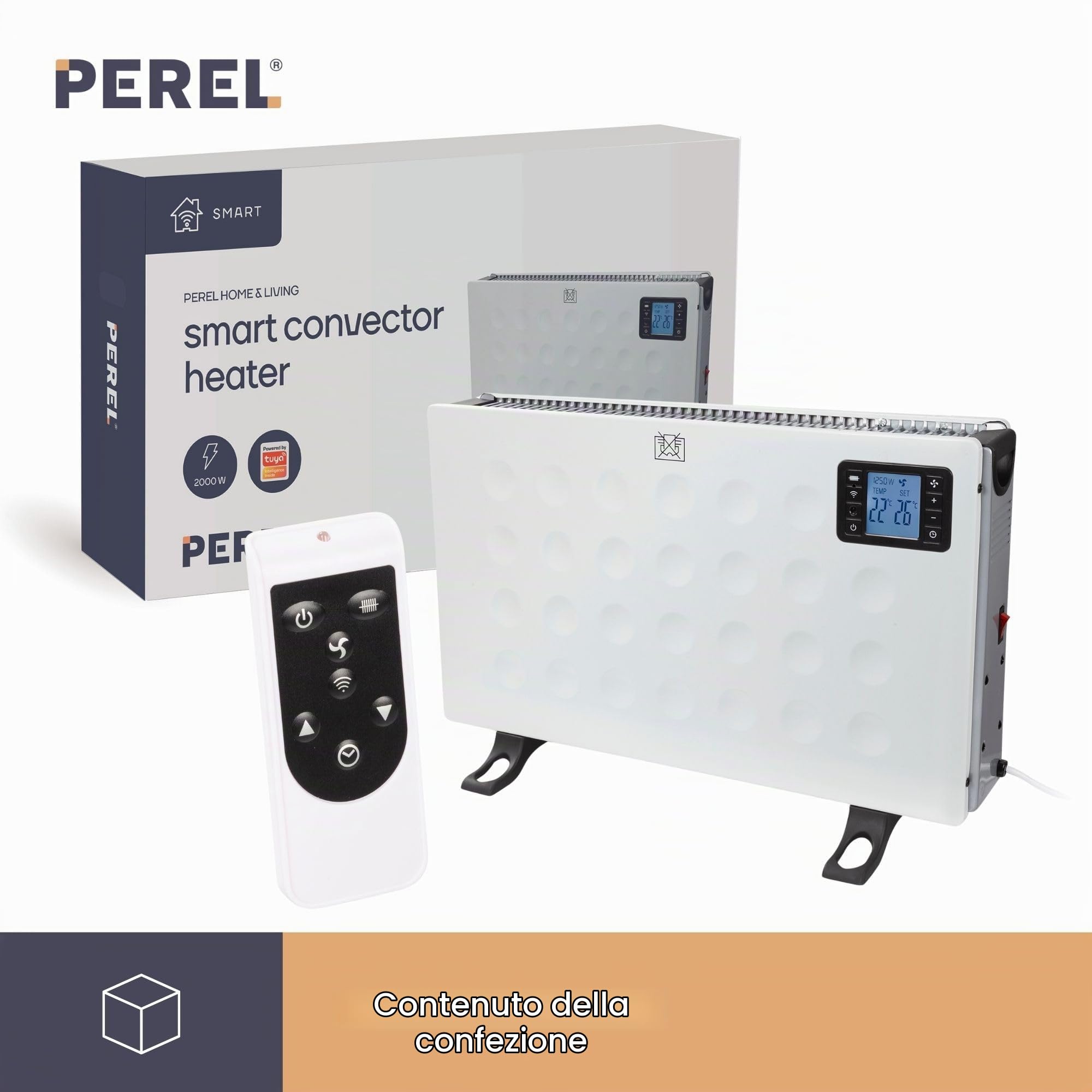Perel Termoconvettore smart 2000W con 3 livelli di calore, termostato, IP20, protezione surriscaldamento, portatile con telecomando e controllo tramite app Tuya, per ambienti fino a 60 m³