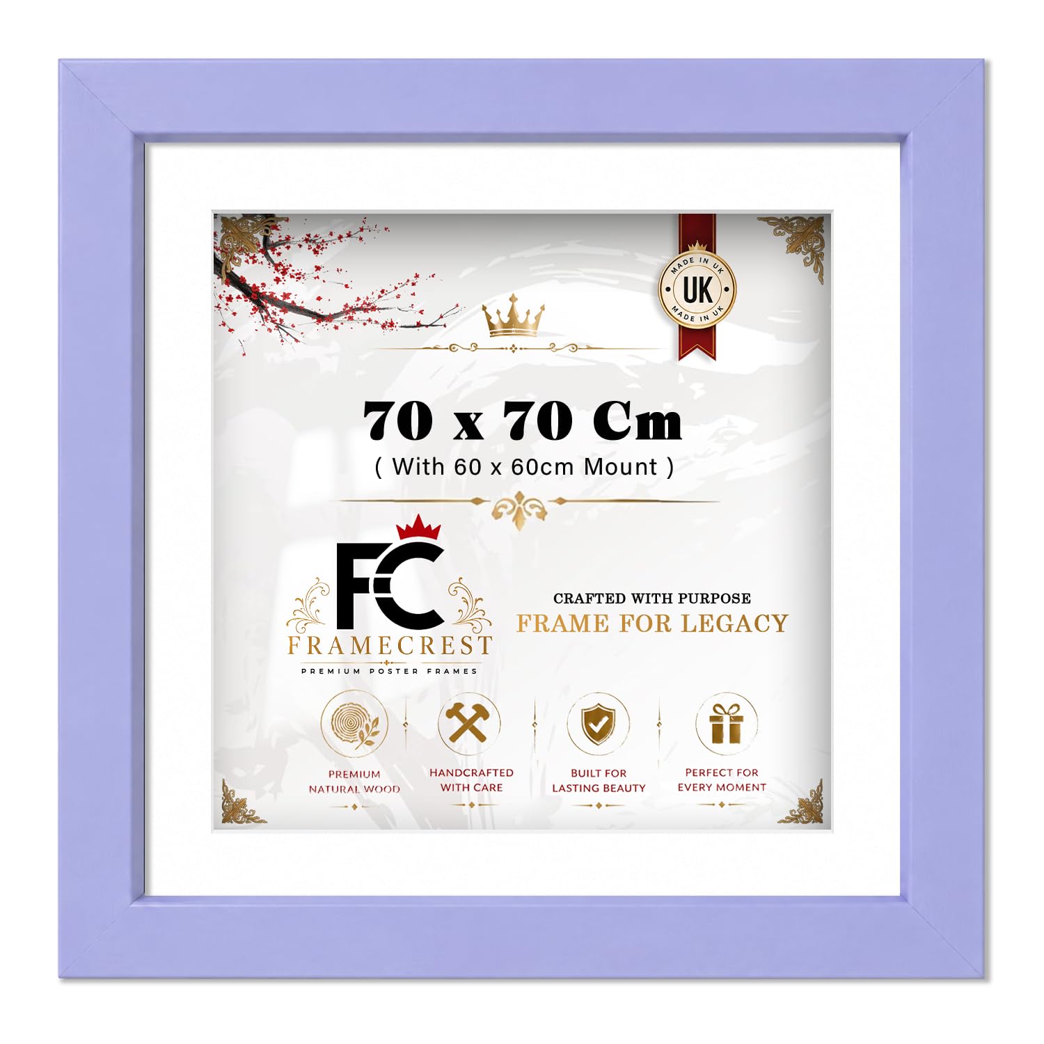 FRAMECREST LTD Elegant 70 X 70 CM Wall Frame, Solid Engineered Wood Finish With 60 X 60 CM White Mount, Hanging Hooks For Portrait Or Landscape Display, Square Poster Frame - [Purple]