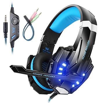 Mengshen 3.5mm Stereo Wired Gaming Headset Compatible for PC, PS4, PS5, Laptop, Xbox One, Mac, iPad, Switch Games Over Ear Headphones with Mic LED Light Noise Cancelling (Blue)