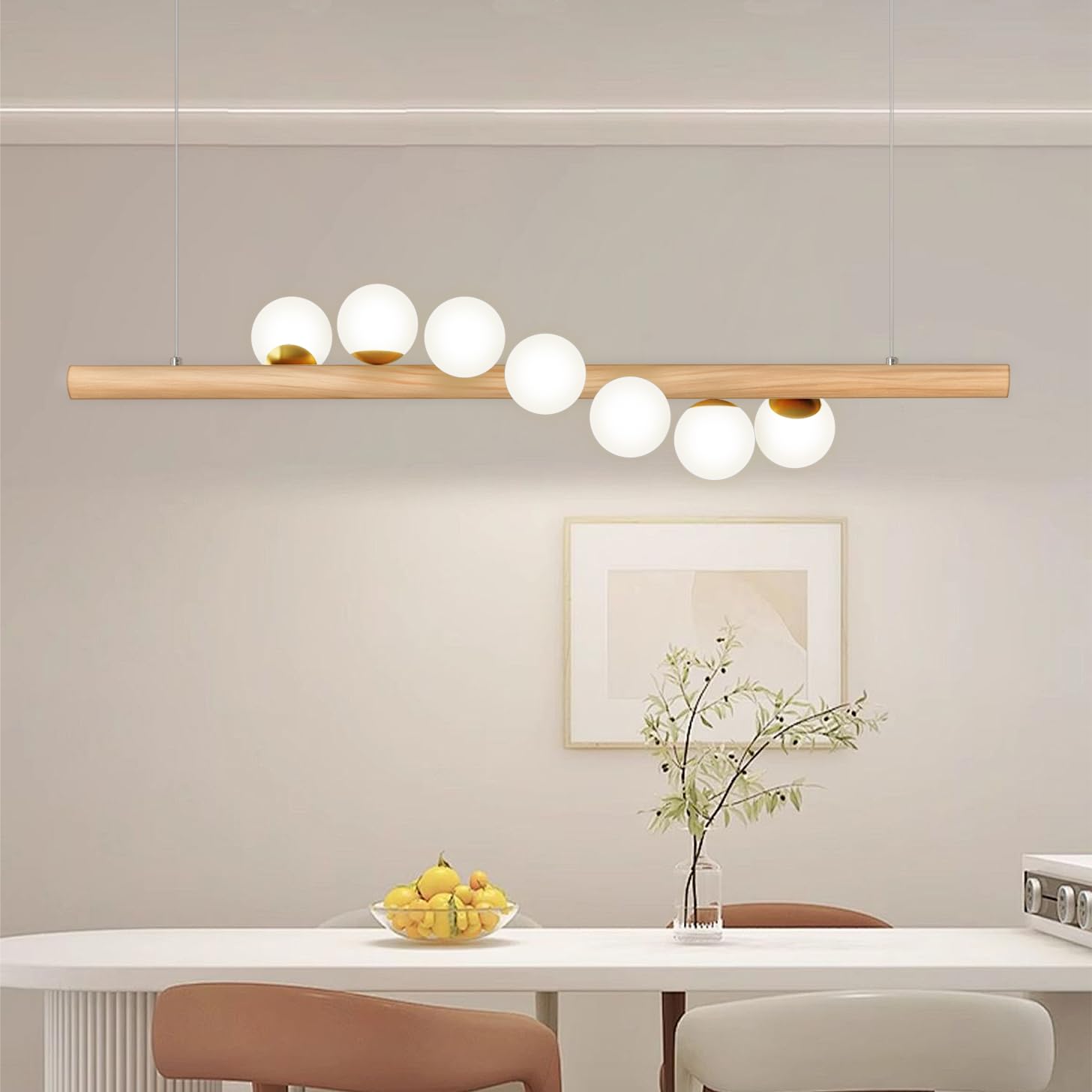 Lampada a sospensione Legno Lampada da tavolo da pranzo Vintage,La trave di legno è lunga 120 cm, con 7 sfere di vetro - regolabile in altezza,Lampadario per Della Bar Sala da Pranzo