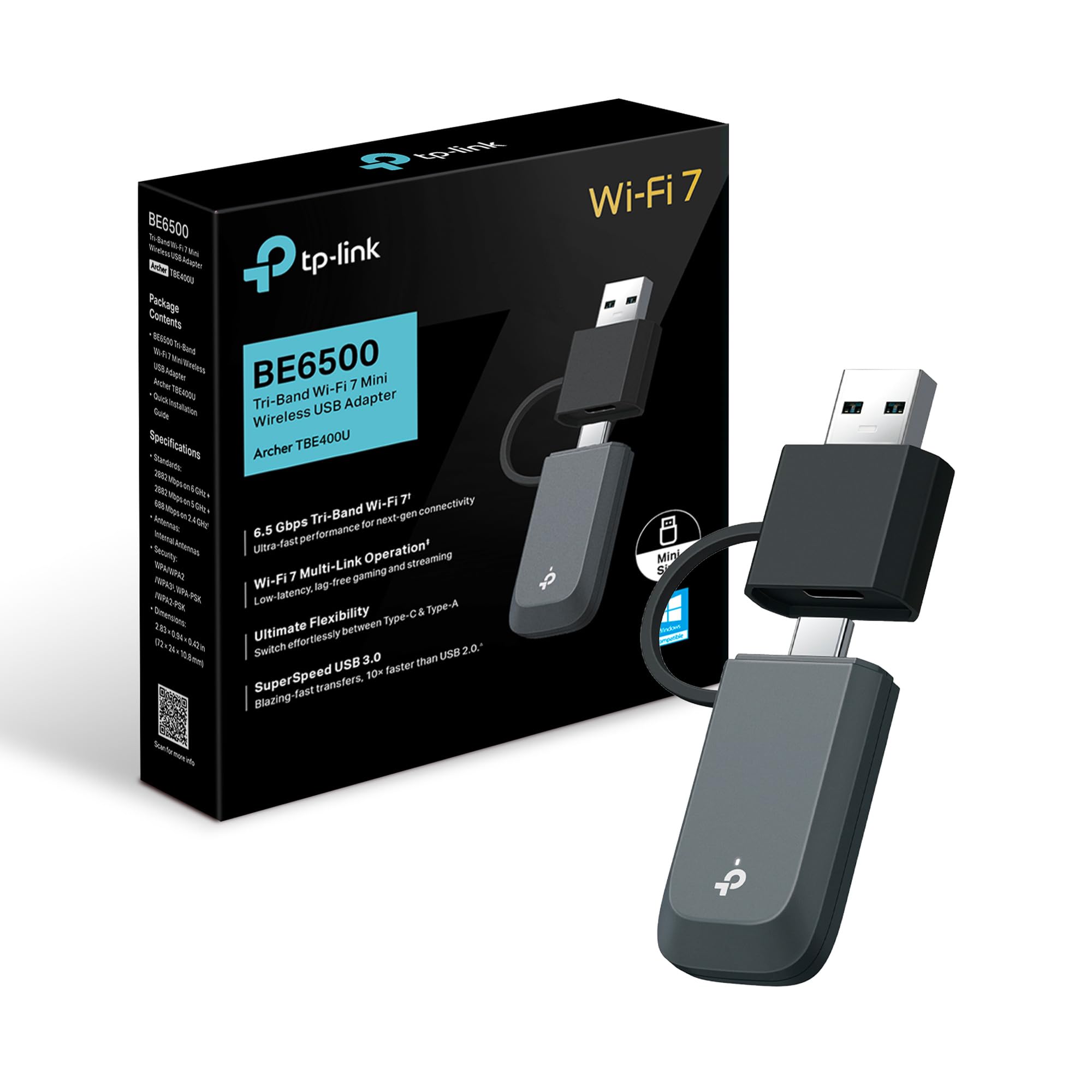 TP-Link Archer TBE400U WiFi 7 Tri-Band BE6500Mbps, Adattatore USB Nano Scheda di Rete, 6GHz, MLO, Plug & Play, Flessibilità USB Type-C/A, USB 3.0, WPA3, Compatibile con Windows 11/10