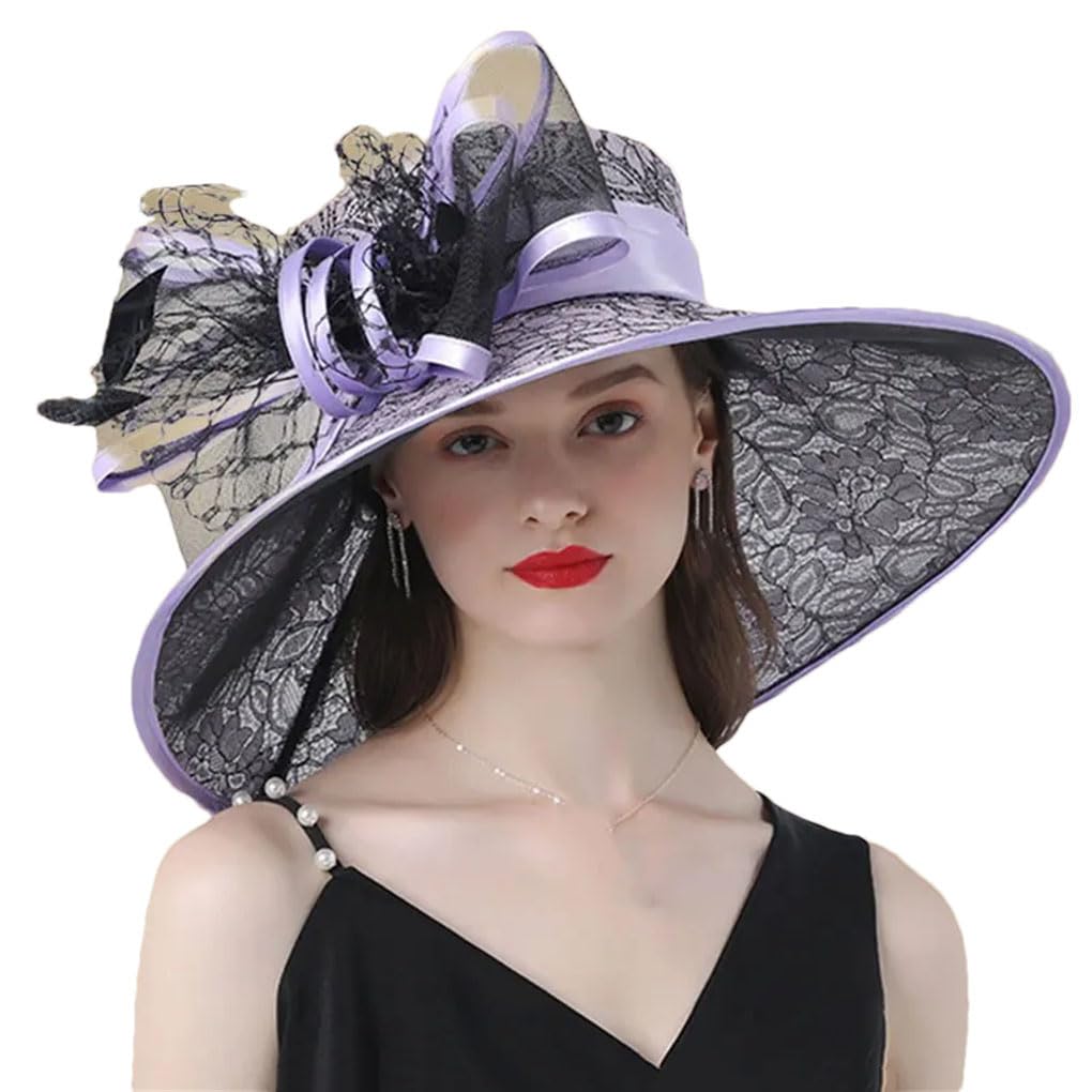 LYGBAOFUL Cappelli Fascinator a Tesa Larga Cappello per Donna Cappelli Eleganti da Chiesa Fedora con Piume Grandi Fedora per Feste di Matrimonio da Donna
