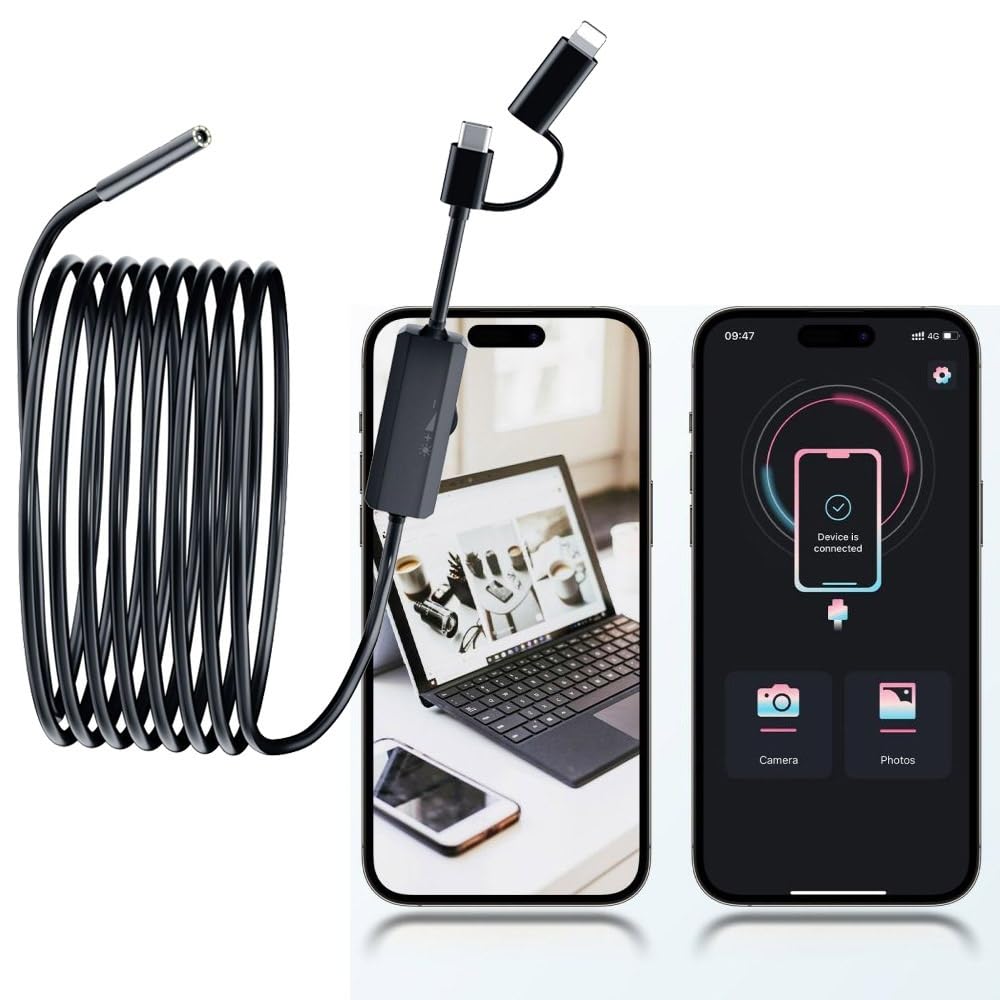 USB-C Direct Plug Endoscope Camera for iPhone 15/Pro/Pro Max, 2in1 Borescope Camera Cord IP68 Waterproof Snake Inspection Camera for iPhone, iPad,