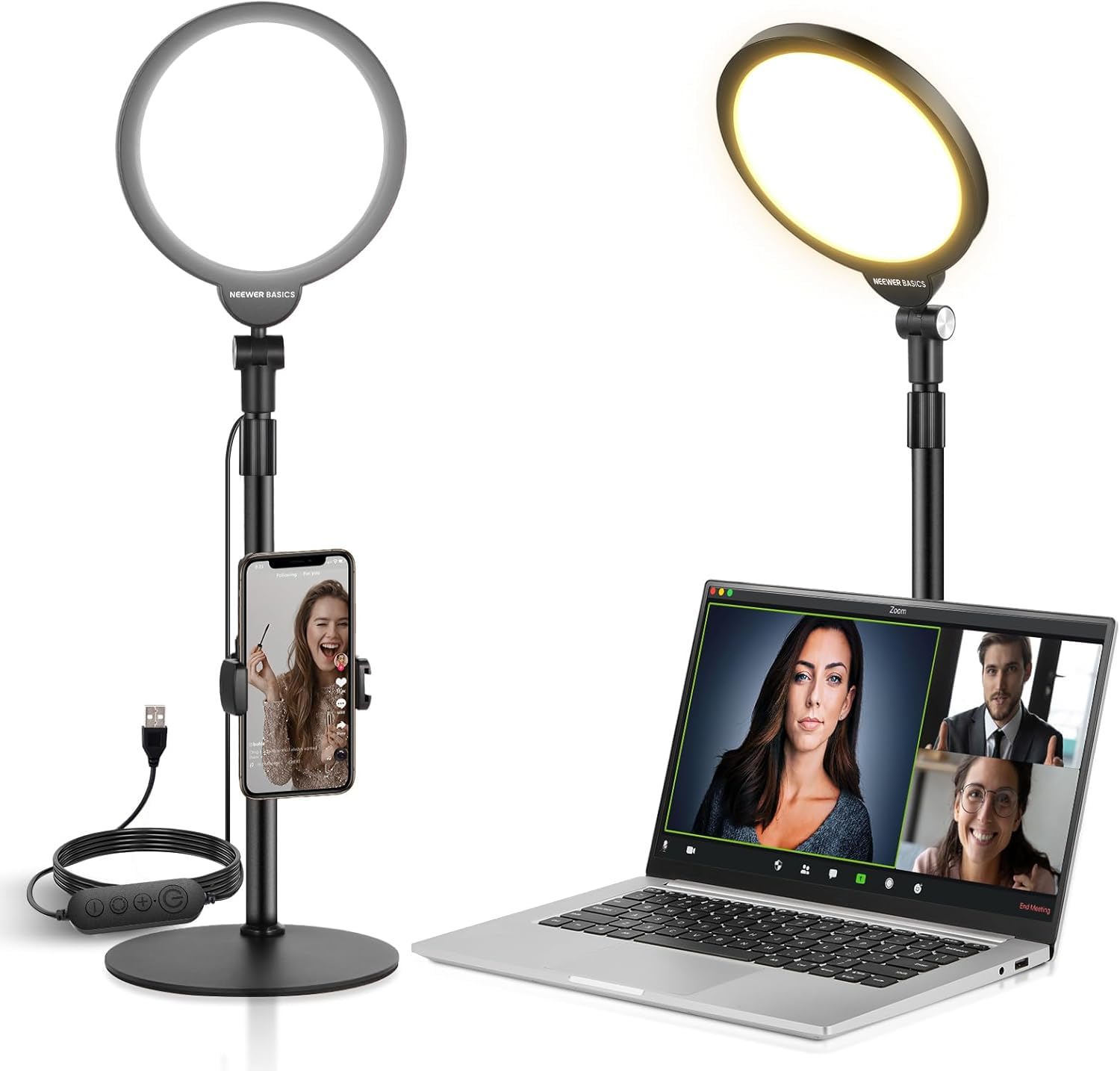 NEEWER BASICS 7" Ring Light LED da Tavolo, Controllo App, Luce Video Conferenza USB a Schermo Intero 10W, Supporto da Scrivania Porta Telefono Compatibile con iPhone per Selfie Trucco Streaming, R06S