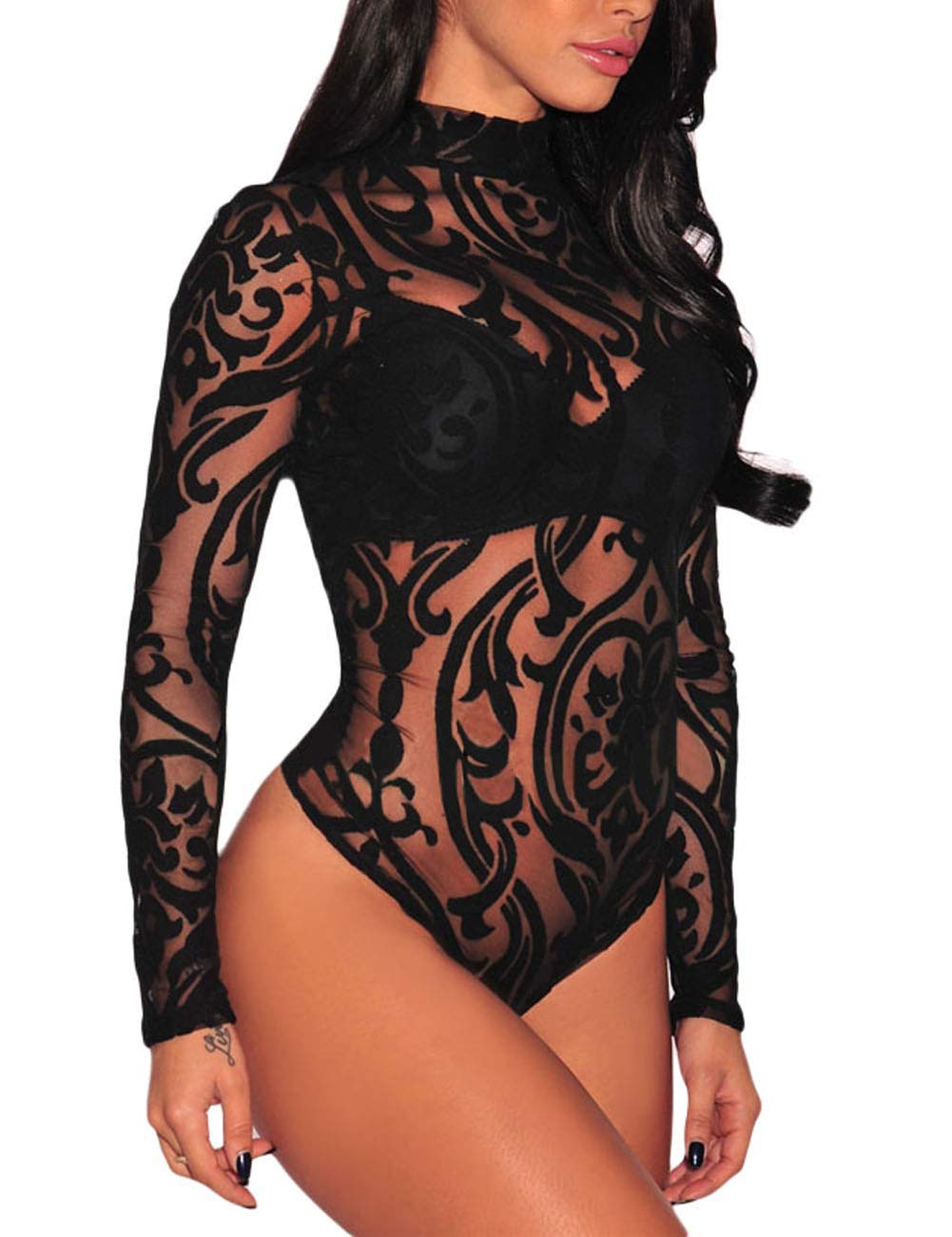 MAYFASEY Women's Bodysuits, Sexy, Long Sleeve, Mesh, Sheer, Bodysuit Top, Leotard