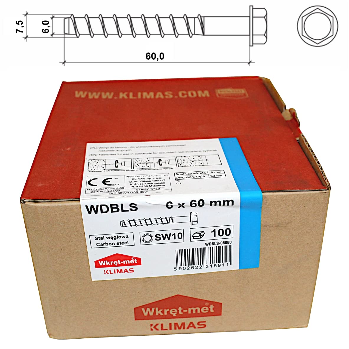 KLIMAS Viti per calcestruzzo, 6,0 x 60 mm, 100 pezzi, testa esagonale in acciaio al carbonio
