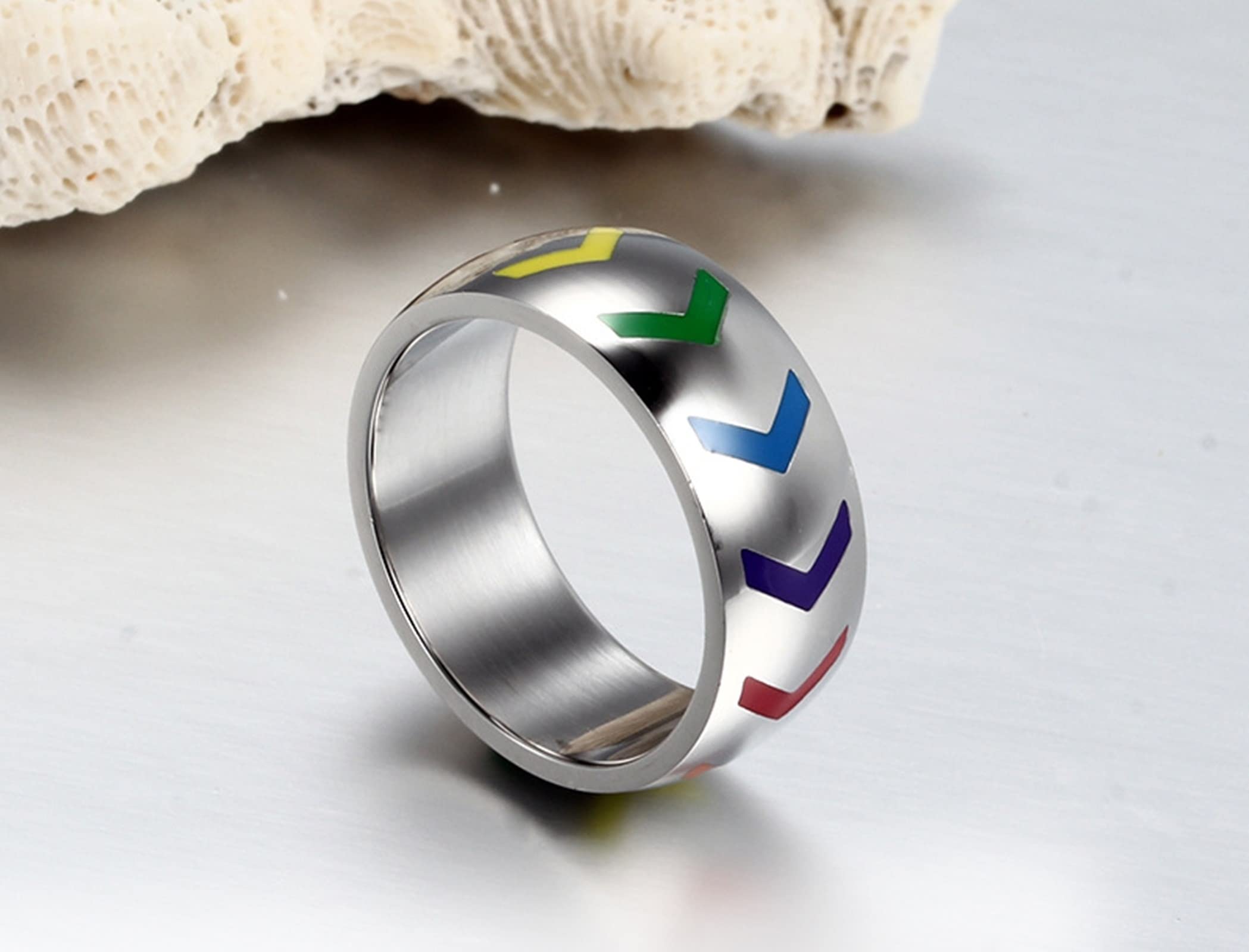 AmDxD Anillo de compromiso plateado, de acero inoxidable, alianza, boda, colorido, circonio, diseño de arco iris, W56.5 & M59, Acero inoxidable, circonita cúbica,