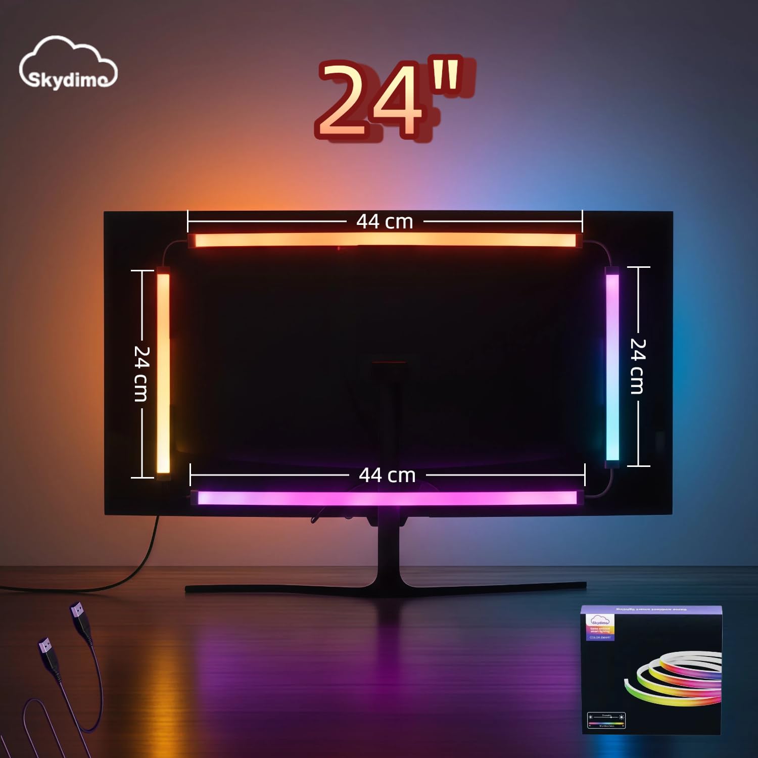 Retroilluminazione per monitor RGB con sincronizzazione schermo, kit di illuminazione ambientale con doppia alimentazione USB per monitor PC da 24 pollici, modalità musica, luci da gioco
