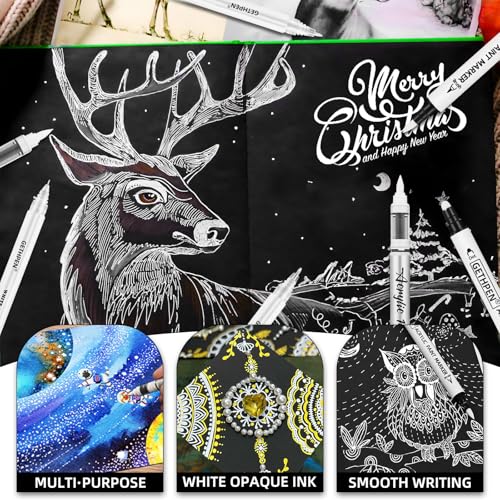 Image of GETHPEN White Pens Set, White Gel Pens, Dual-Tip Acrylic Paint Pen, 7 Pack | 06 /08 /10mm Opaque Gel Ink Pen Brush Tip Acrylic Markers for Drawing, Sketching, Illustration, Card Making, Bullet Journaling