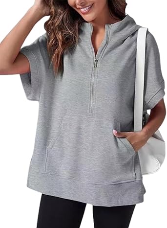 Oversized Casual Half Zip Short Sleeve Pullover Tops With Pockets,Womens Quarter Zip Hoodie Sweatshirt
