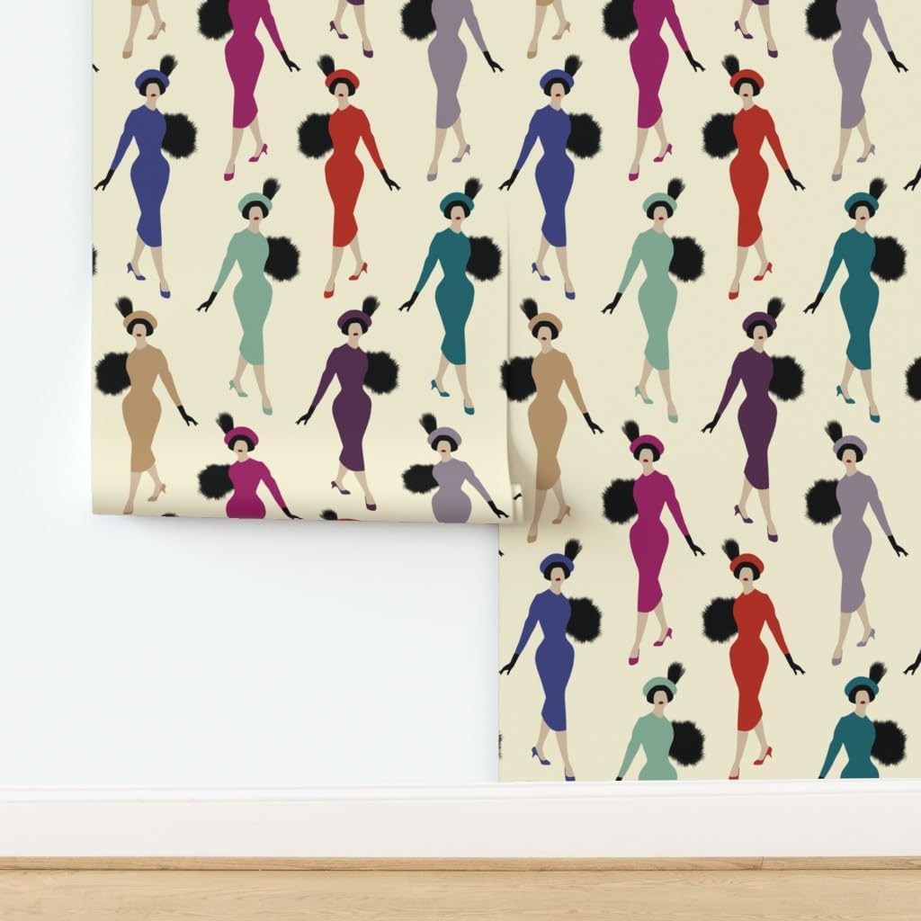 Peel & Stick Wallpaper 3ft x 2ft - Vintage Ladies Retro Fifties Fashion Custom Removable Wallpaper by Spoonflower