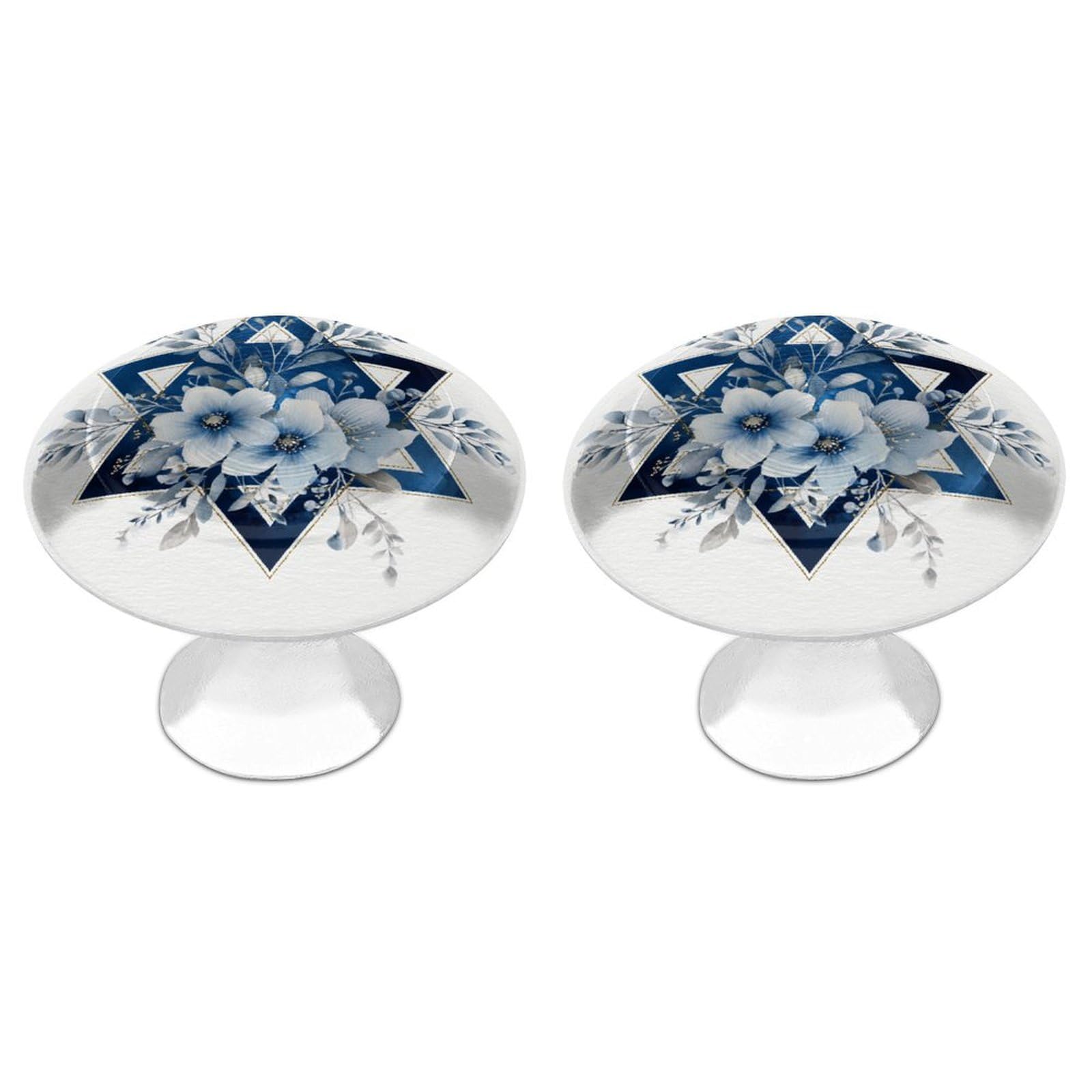 Jubonexis Star and Pale Blue Flowers Round Drawer Cabinet Knobs Handles with Screws,2 Pcs, Drawer Dresser Knob Pulls Decor for Wardrobe Cupboard Home Office Kitchen