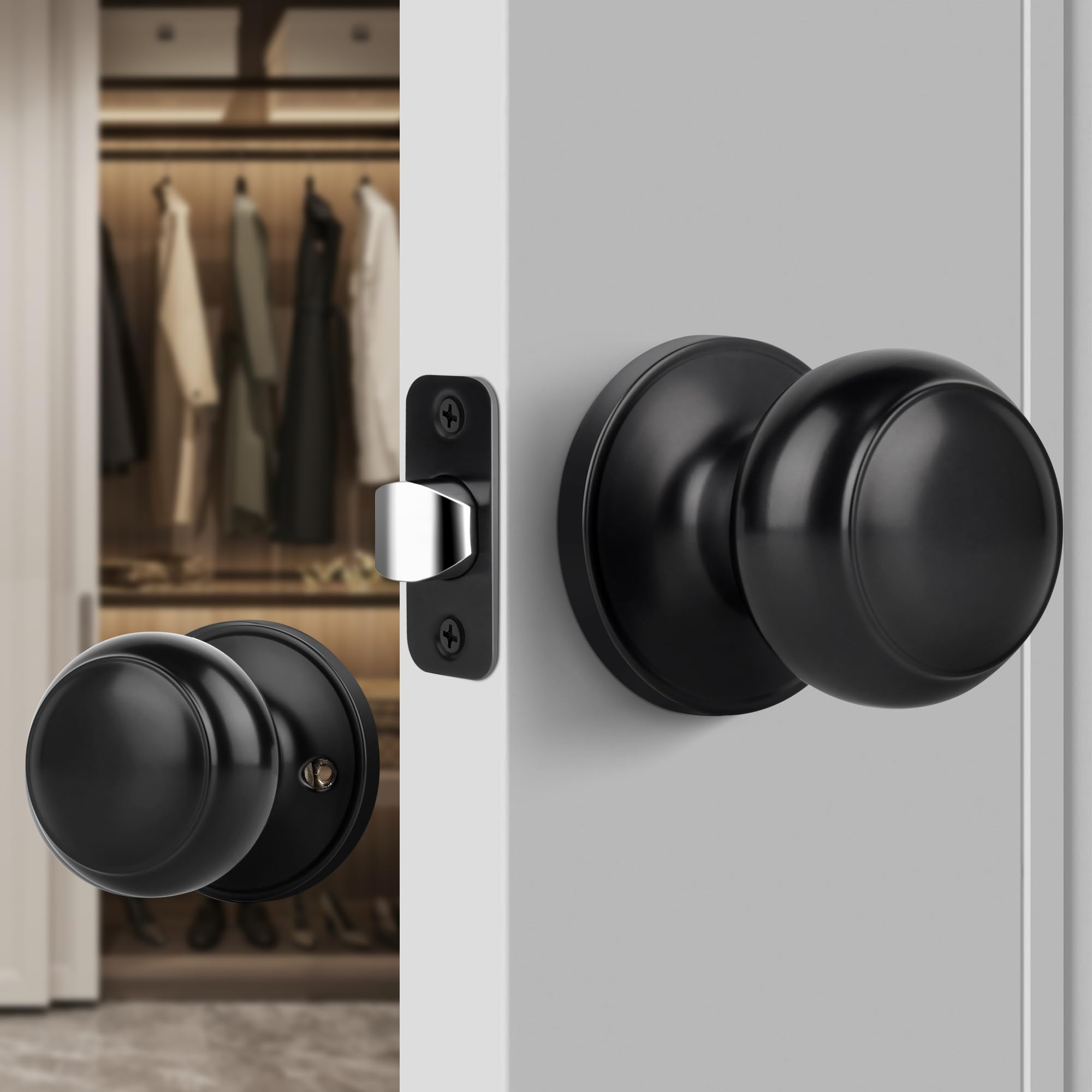 Gaurqiah Non-Locking Passage Door Knob, Flat Ball Interior Door Knob Without Keys, Round Doorknob for Hallway/Closets, Matte Black