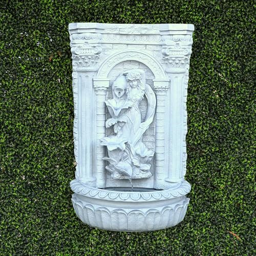 Image of XBrand 30.3 inch Solar-Powered Wall Mounted Water Fountain with Maiden & Floral Detail, Tiered Waterfall Design for Garden, Yard or Courtyard, Durable Polyresin, Antique Stone