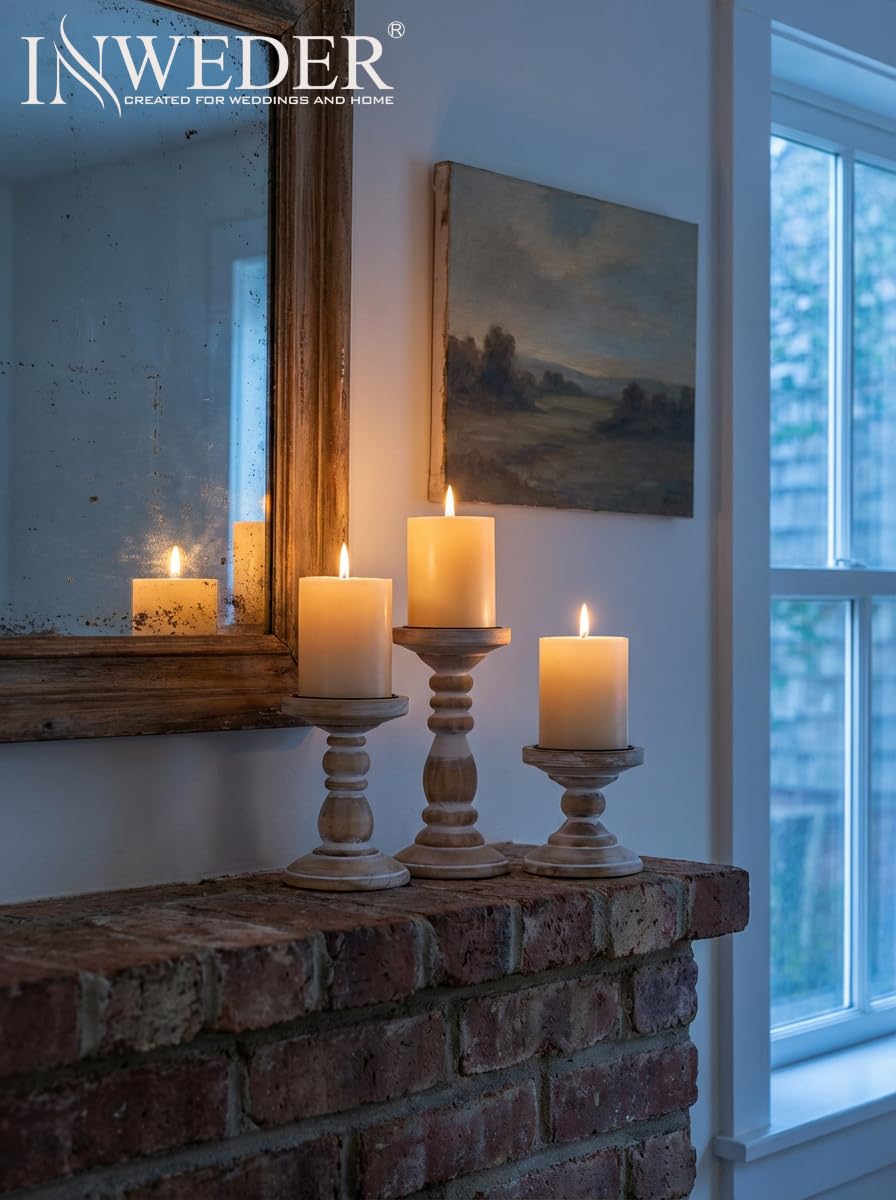 Portacandele in legno rustico: 3 bianchi per candele a pilastro - Portacandeli in legno invecchiato