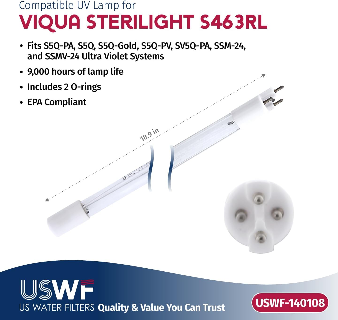 S463-QL Replacement UV Lamp/Sleeve | Fits the VIQUA S5Q, SV5Q-PA, & SSM-24 Series UV Systems | Made in the USA, US Water Filters