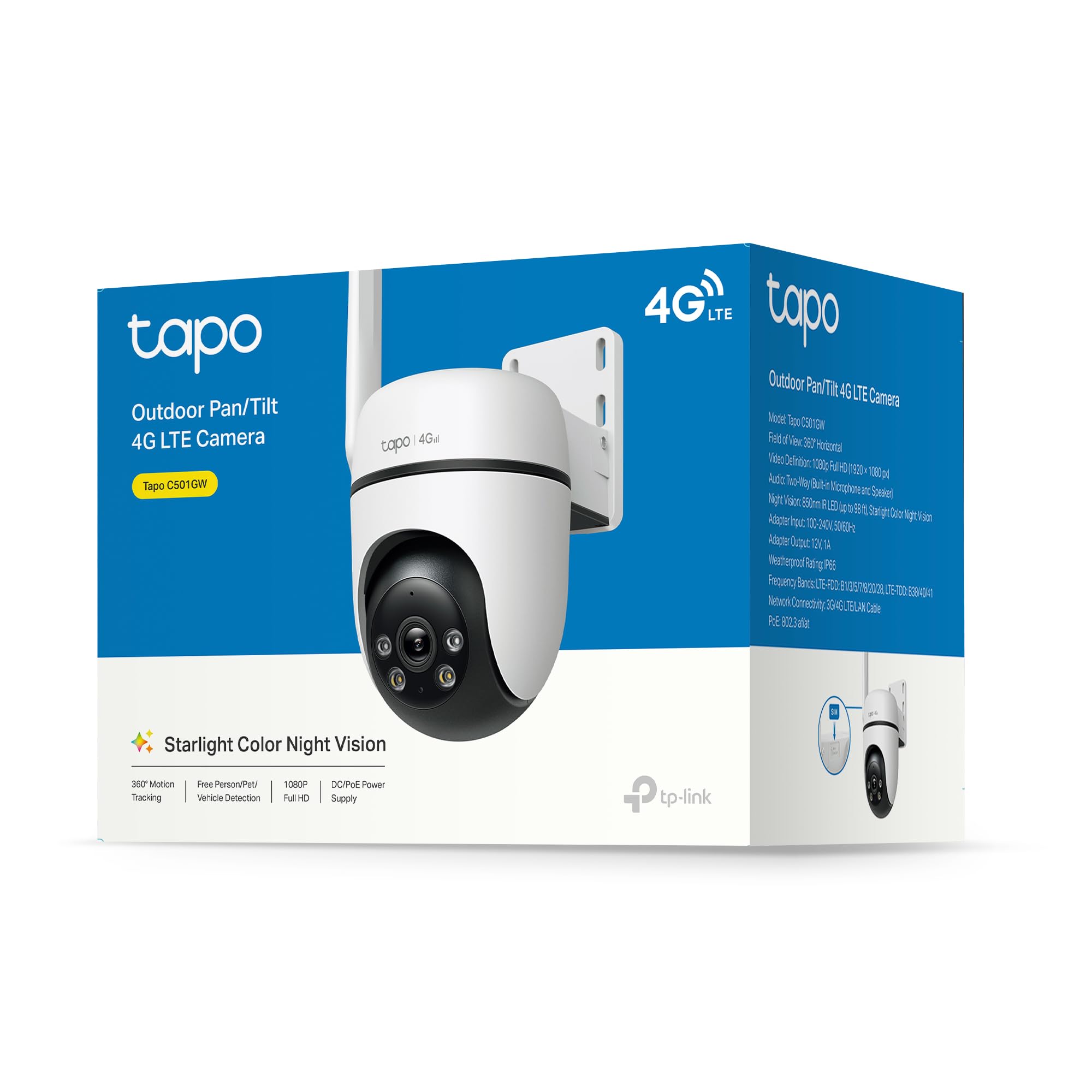 Tapo C501GW 360° 4G LTE Überwachungskamera mit SIM-Kartenslot, kein WLAN erforderlich, Starlight farbige Nachtsicht, AI-Erkennung, DC/PoE-Stromversorgung, IP66, lokaler und Cloud-Speicher, kein WLAN