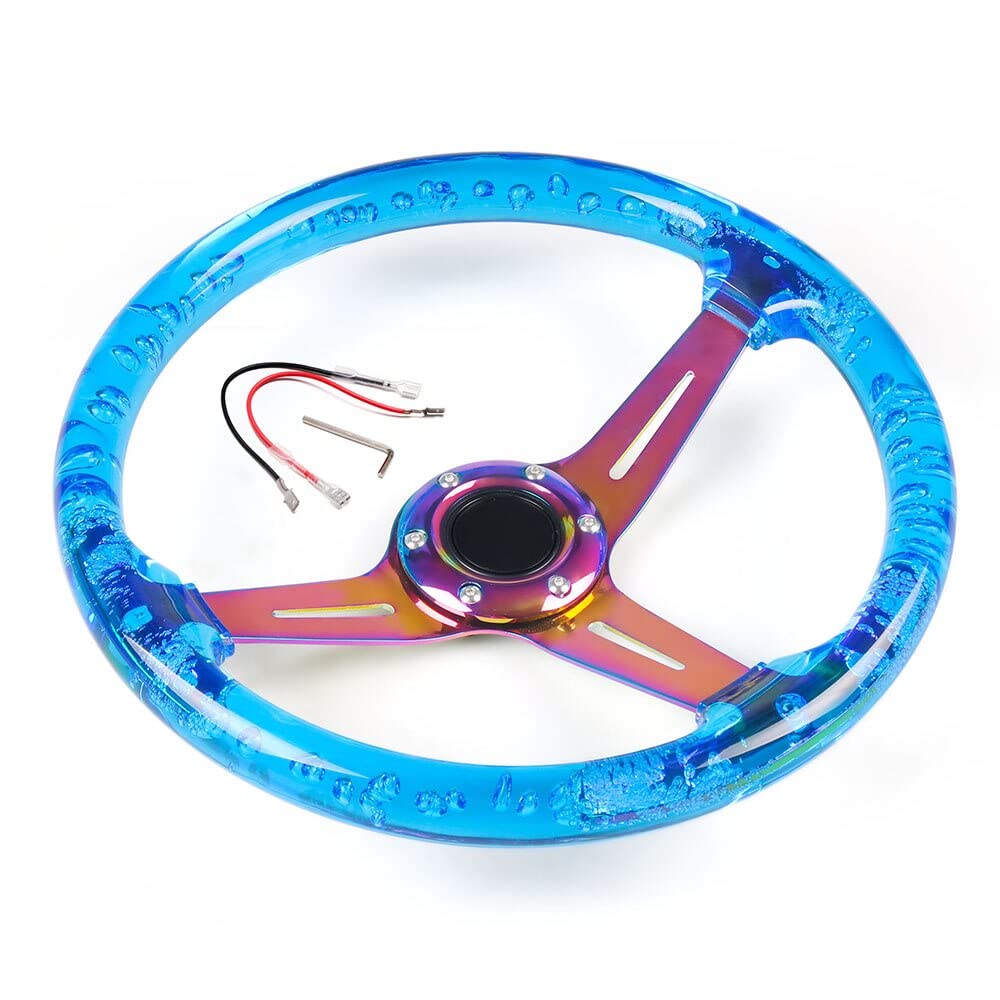 Sportlenkrad 350mm 14inch Acryl Lenkrad & Hornknopf Neo Chrom 6 Löcher Lenkradtiefe 71mm SportlenkräDer (Color : Blue)