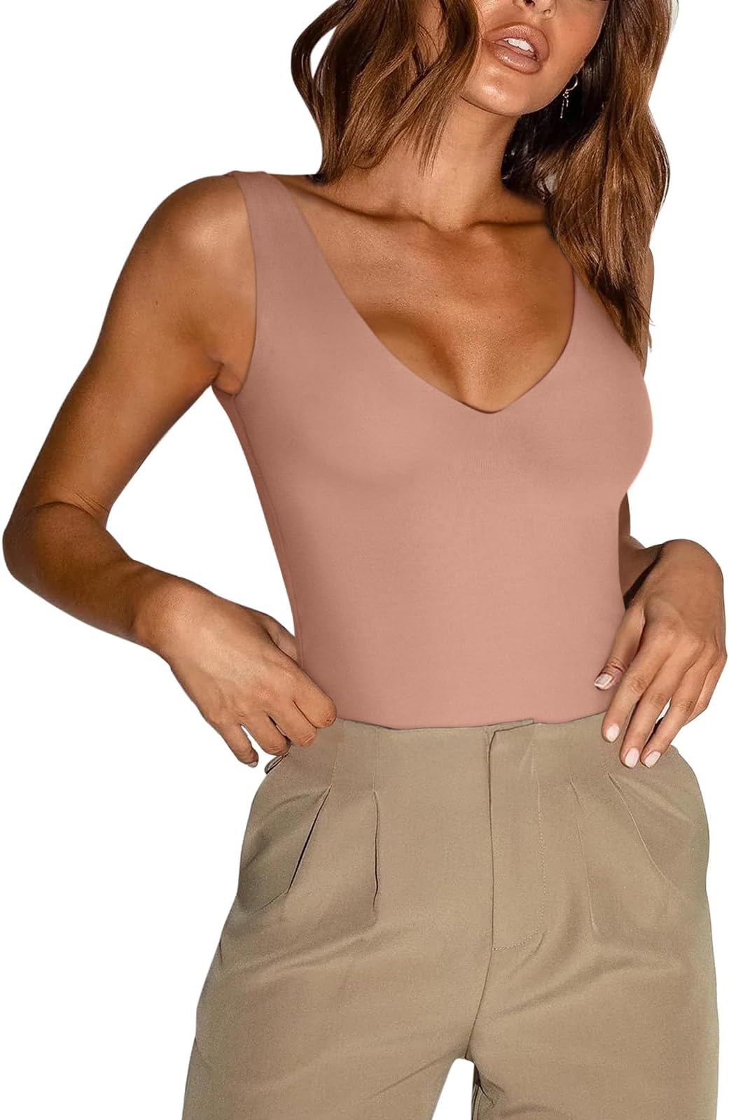 REORIA Women's Sexy Deep V-Neck Sleeveless One Piece Tank Thong Bodysuit - Sienna Plus Size 2X-Large