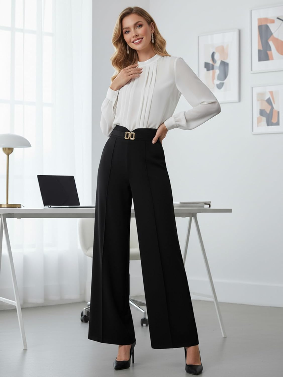Women's Wide Leg Dress Pants Elegant Casual High Waisted Work Office Trousers - Image 5