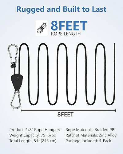 Miniatura 4 de Fondwell Paquete de 4 ganchos de cuerda ajustables de 18 pulgadas, correa de amarre de trinquete con partes internas de metal reforzado, sistema de