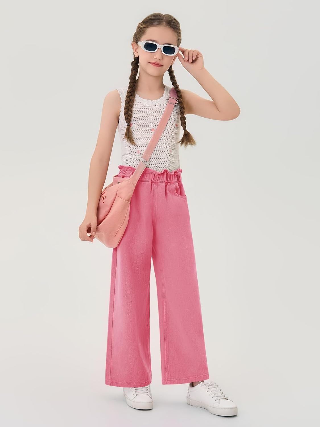 Haloumoning Girls Cute Wide Leg Flared Jeans Kids Oversized Elastic Waist Paper Bag Pants with Pockets 5-14 Years - Image 4